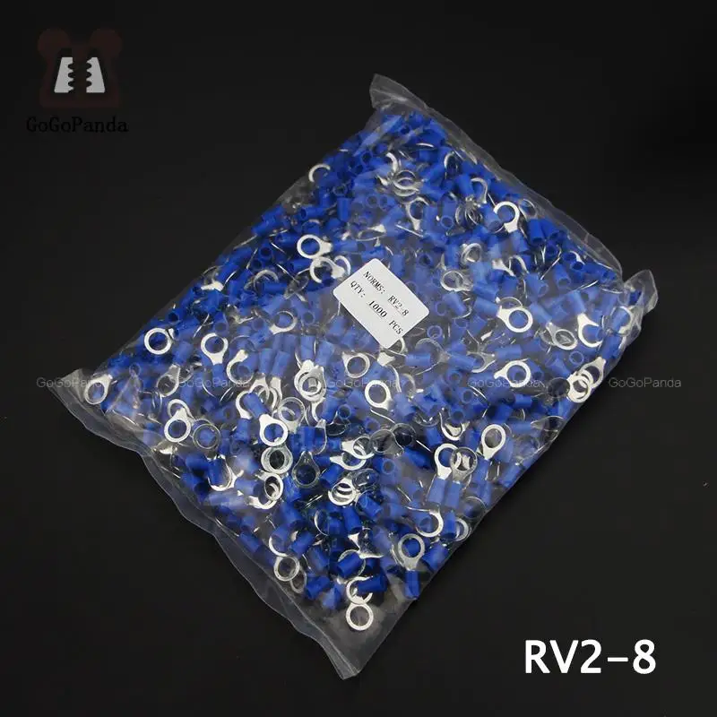 1000PCS RV2-(3 4 5 6 8 10 12) Ring Insulated Terminal Cable Crimp Terminal Suit 1.5-2.5mm 16-14 Cable Wire Connector  AWG