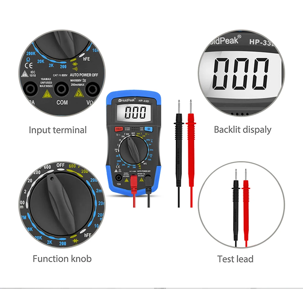Imagem -02 - Digital Multímetro Manual dc e ac Tensão Corrente Resistência Diodo Tester Data Hold Proteção contra Choque Cabo de Medição Hp33d