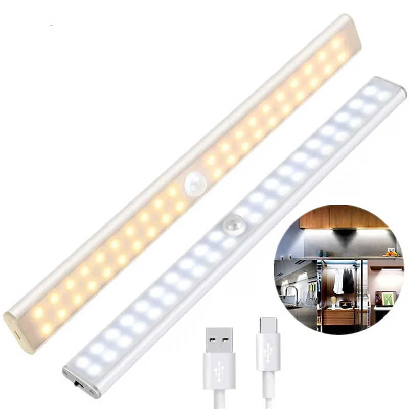 

24/40/60LED Sensor Under Cabinet Light USB Rechargeable with Magnetic Strip Led Night Lights for Bedroom Kitchen Closet Stairway