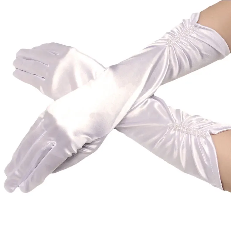 Mid-Length Wedding Performance Costume Accessories Full Fingered  Satin  Elastic Gloves with Pearls