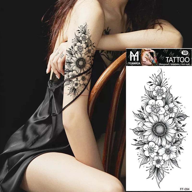 Tatuagem Temporária Impermeável para Mulheres, Black Flower Art Body, Tatuagem Cool Snake, Sexy Rose Sticker, Manga Braço Falso, Flash, Moda, 1Pc