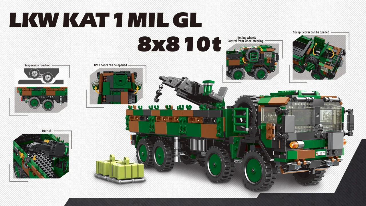 Bloques de construcción de grúa militar para niños, juguete de ladrillos para armar camión de la Segunda Guerra Mundial, escala 1:30, Lkw, Kat1, Mil, Gl, 8x8, 10t, modelo Moc