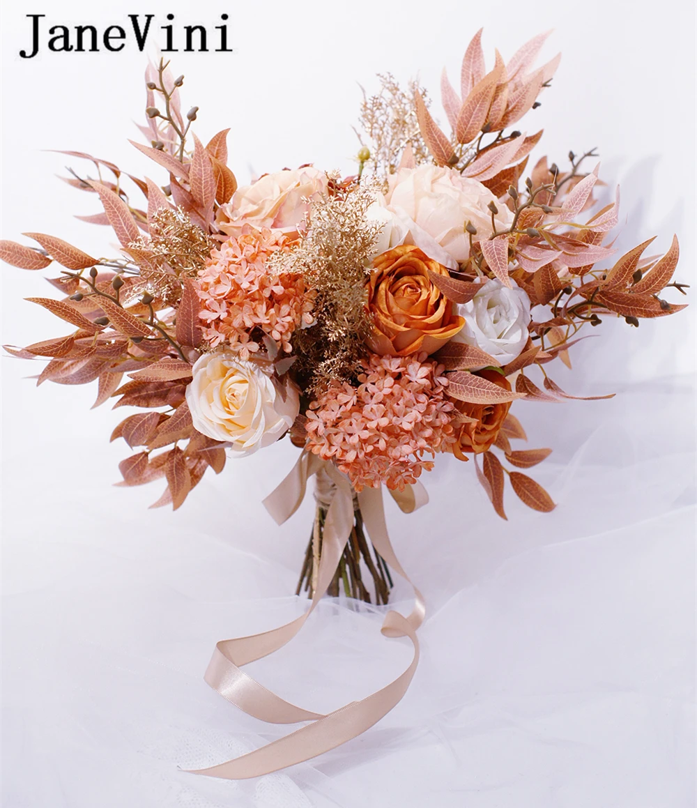 JaneVini – Bouquet de mariée Orange clair, élégant, fleurs artificielles de mariage, Roses hortensia, toucher réel charmant, soie, 2021