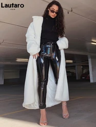 Lautaro Winter Long White Fluffy Warm Oversized Faux Fur Coat Women with Hood Lapel Sashes Loose Korean Fashion 2021 Outerwear
