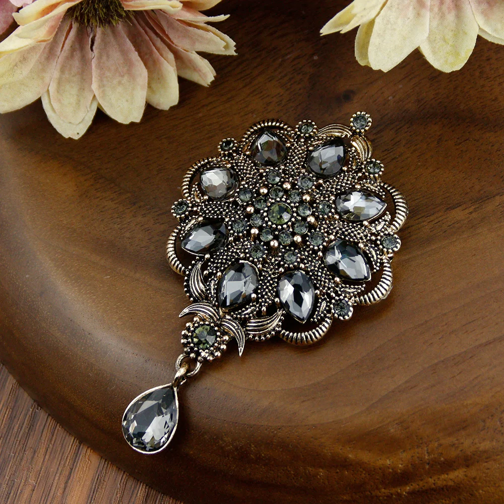 Sunspicems Vintage Indain Bohemia Gray Crystal Brooch Pendant For Women Morocco Algeria Flower Banquet Wedding Jewelry Gift