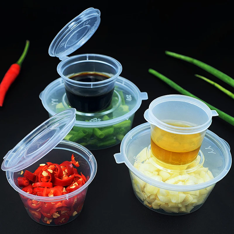 50pcs Disposable Sauce Containers Package Box&Lid Clear Portable Plastic Takeaway Sauce Cup Containers Food Box With Hinged Lids