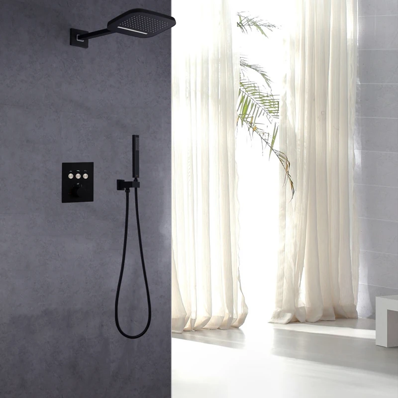 Thermostatic Matte Black Shower System Waterfall And Rain Shower Head All Functions Can Be Work Together