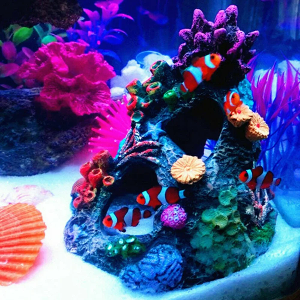 Dekoracje akwariowe koralowa skała żywy żywica Fish Tank Mountain Cave Ornament