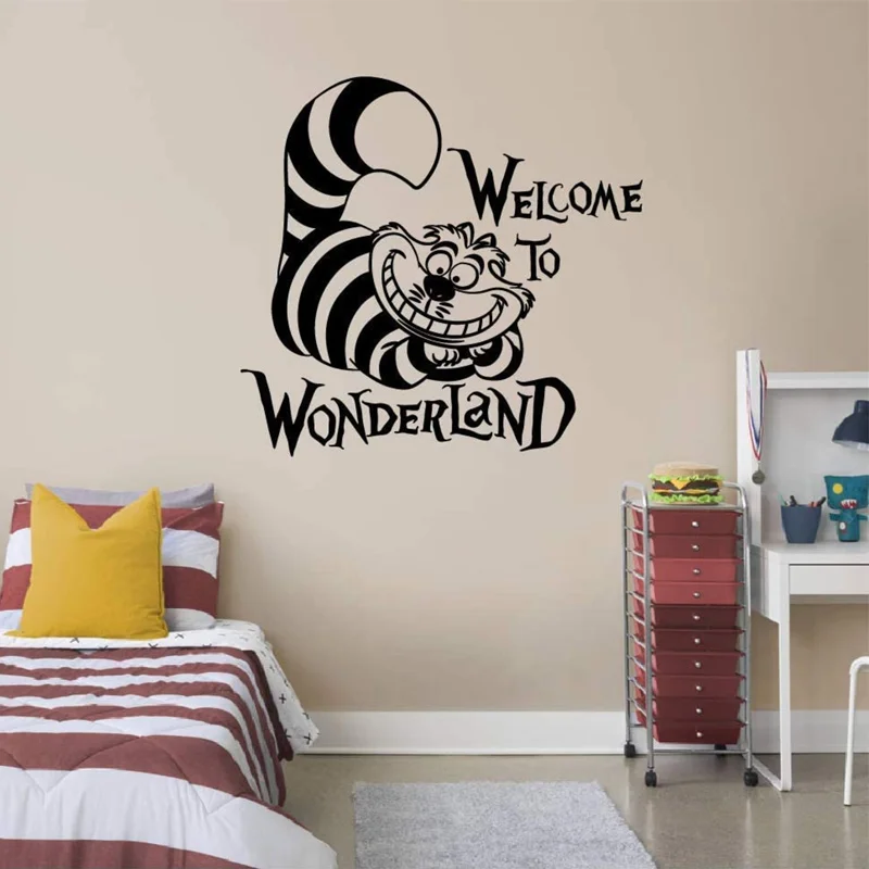 Welcome To Wonderland Alice In Wonderland Cartoon Cat Wall Stickers Vinyl Home Decoration for Kids Boys Girls Room Decals S478