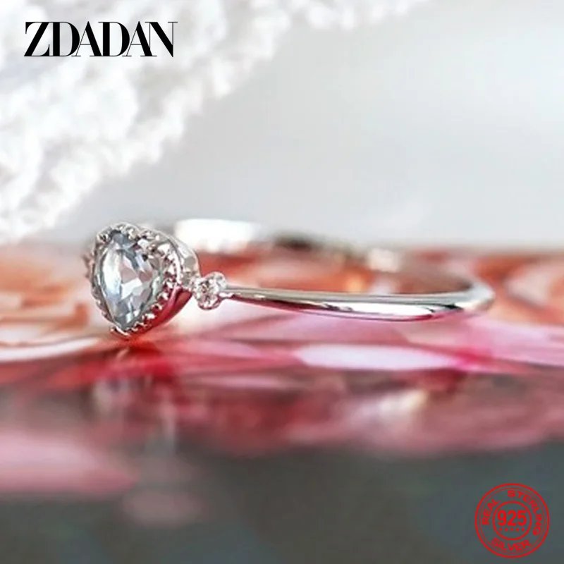 ZDADAN 925 Sterling Silver Charm Heart Shaped Aquamarine Ring For Women Fashion Engagement Jewelry Party Gift