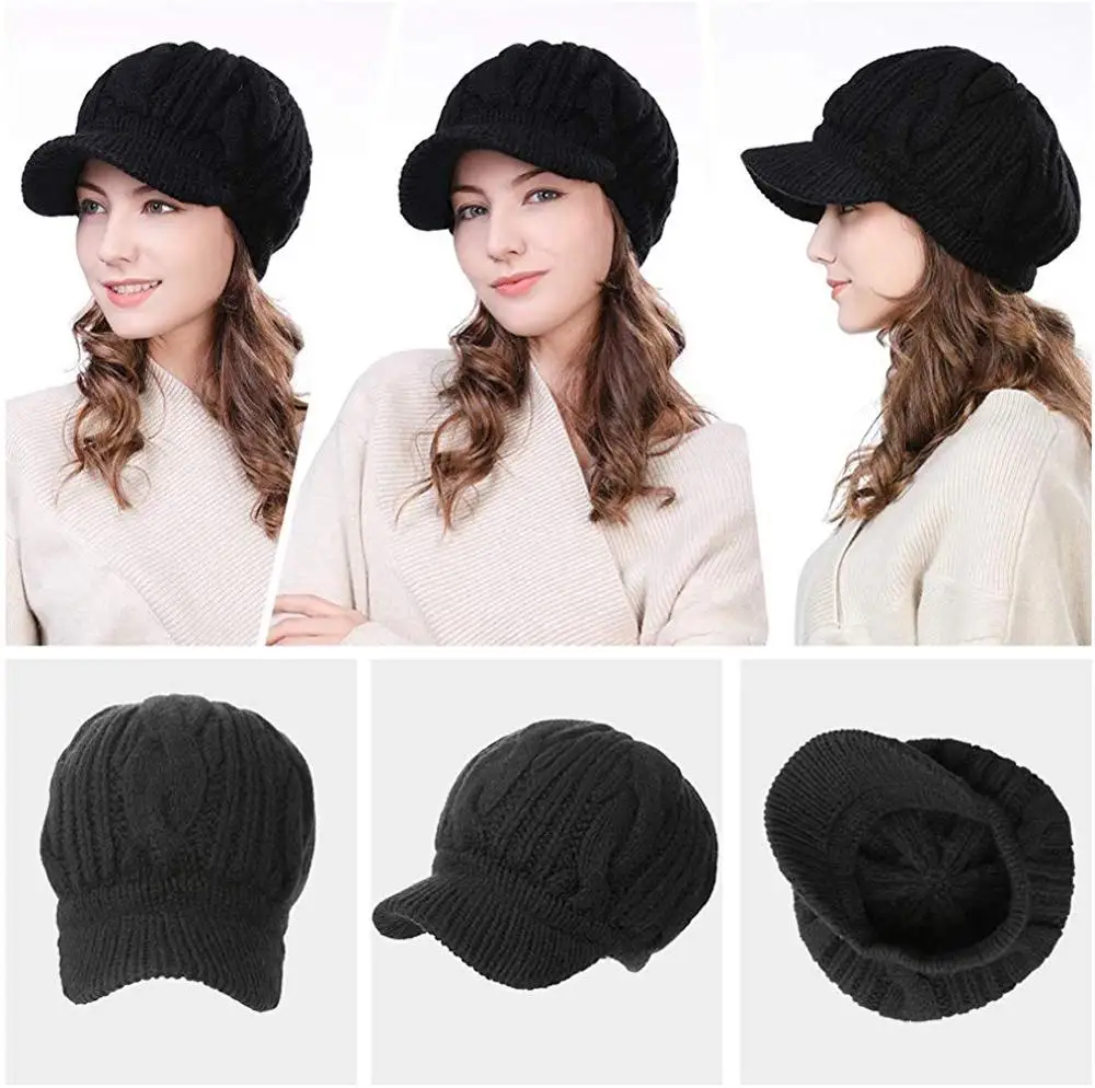 Women\'s Wool Knitted Acrylic Fibres Visor Beanie Winter Hat for Women Newsboy Cap Warm Soft Lined