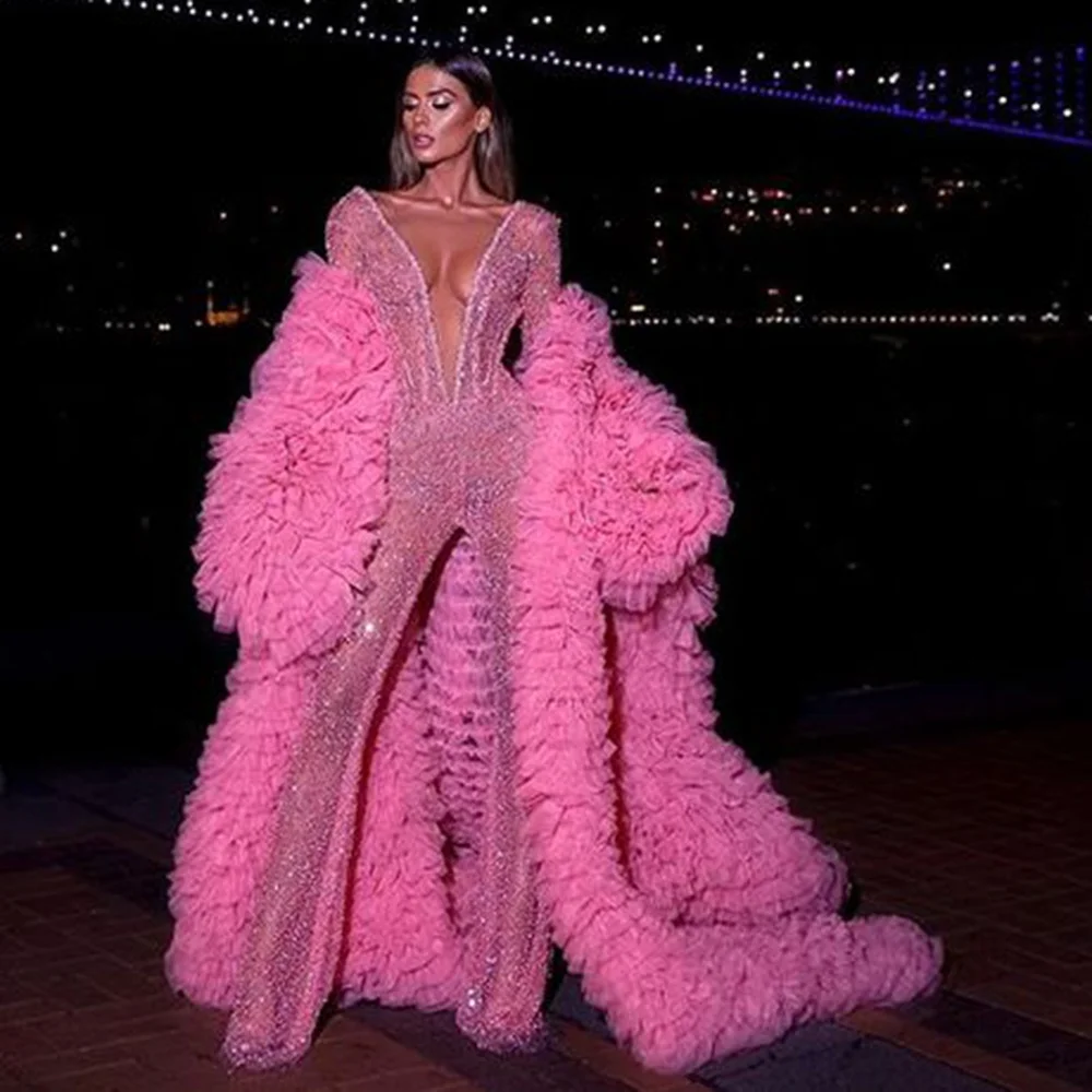 Elegant Fluffy Tulle Coat Tiered Long Sleeve Women Dressing Gown Party Prom Maxi Tulle Dress Formal Event Custom Made