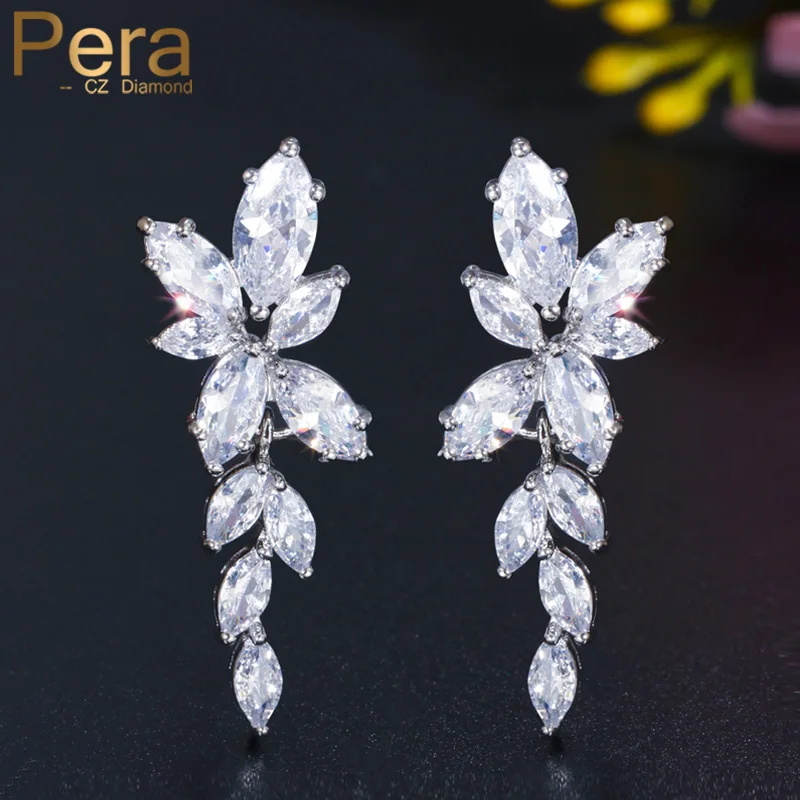 Pera Elegant Flower Leaf Design Shiny Cubic Zirconia Long Drop Earrings Banquet Prom Jewelry for Women Party Gift E012