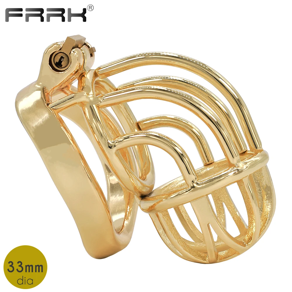 FRRK Gold Chastity Cage Metal Golden Male Bondage Belt Devices Steel Cock Ring Curve Penis Sleeve BDSM Lockable Sex Toys for Men