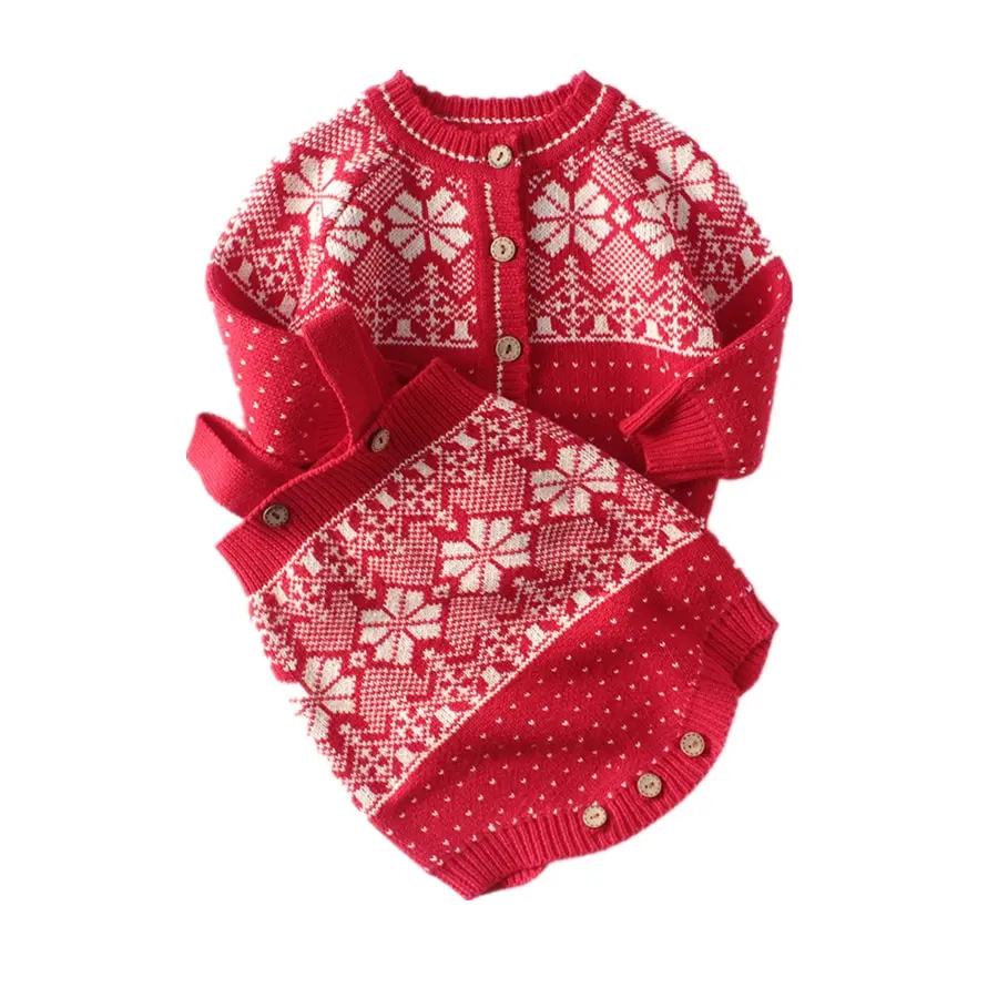 

Winter Christmas Snow Flake Baby Cardigan Romper Thick Red Toddler Unisex Clothing Set Long Sleeve Newborn Infant Clothes 204039