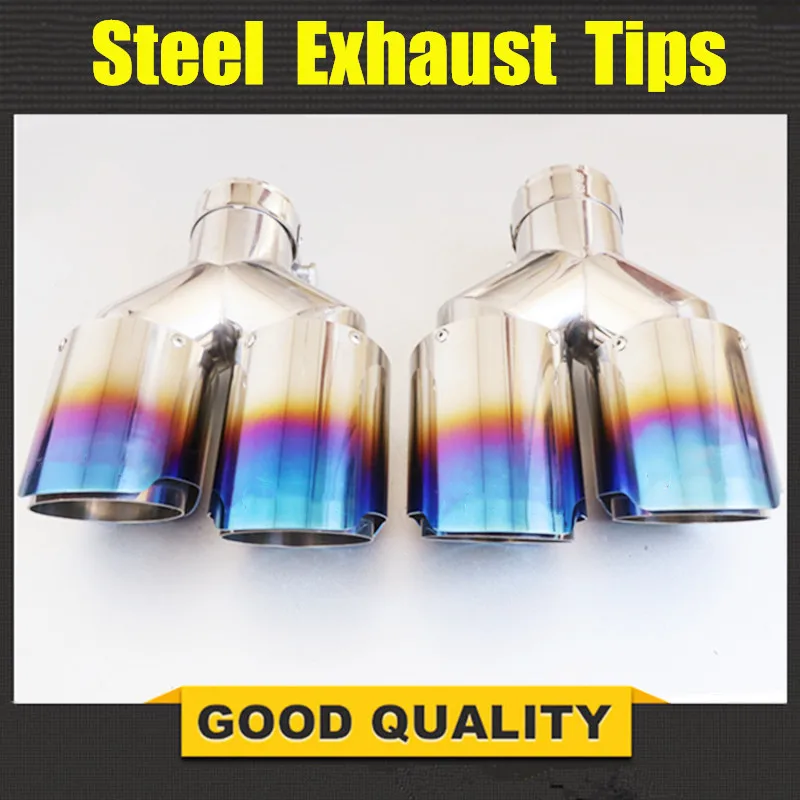 

1 пара универсальной выхлопной системы из нержавеющей стали Y-образного стиля, синяя торцевая труба + выхлоп автомобиля, двойной наконечник