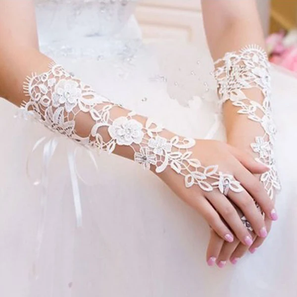 Guantes cortos de encaje sin dedos para novia, decoración de diamantes de imitación, blanco, accesorio para fiesta de boda, 1 par