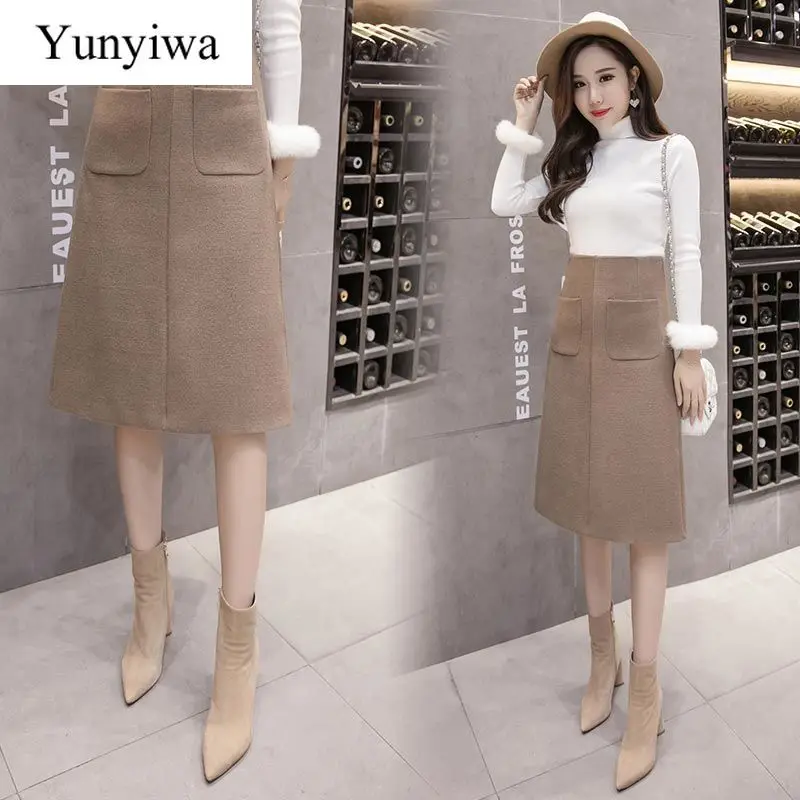 

Women's Pocket Skirt Autumn Winter A- line Skirt Long High Waist Thickened Woolen Winter Skirt Women Mujer Faldas Saias Mulher