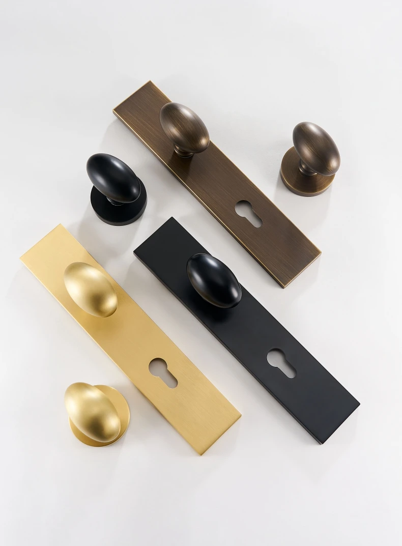 Dooroom Messing Türschloss Set Moderne Ei Geformt Knopf Lange Platte Innen Schlafzimmer Bad Doppel Holz Tür Lever Set Dummy griffe – Detail 5