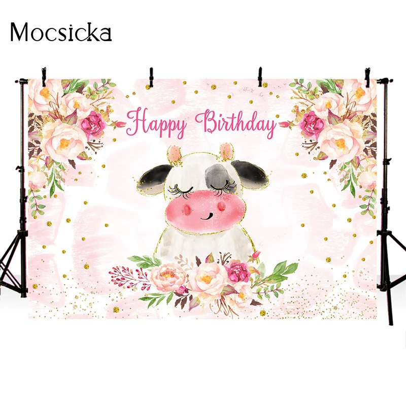 Mocsicka Birthday Party Photography Background Little Cow Pink Flower Decoration Props Newborn Baby Shower Photo Backdrop Studio