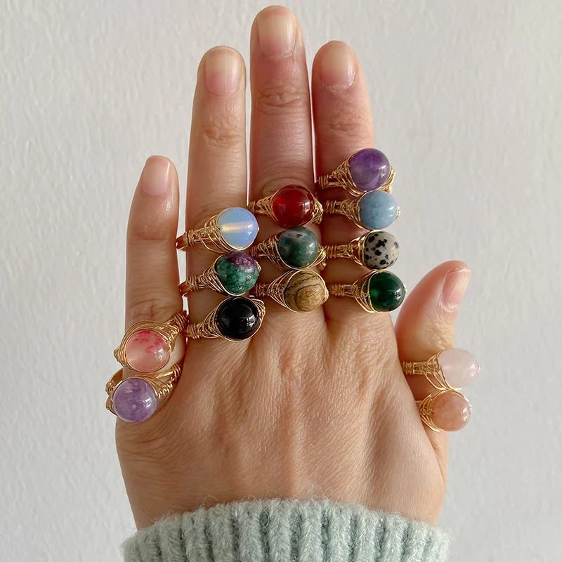 Hand Craft Wire Wrapped Stone Circle Finger Rings Reiki Healing Natural Amethysts Agates Lava Quartz Rings Party Wedding Jewelry