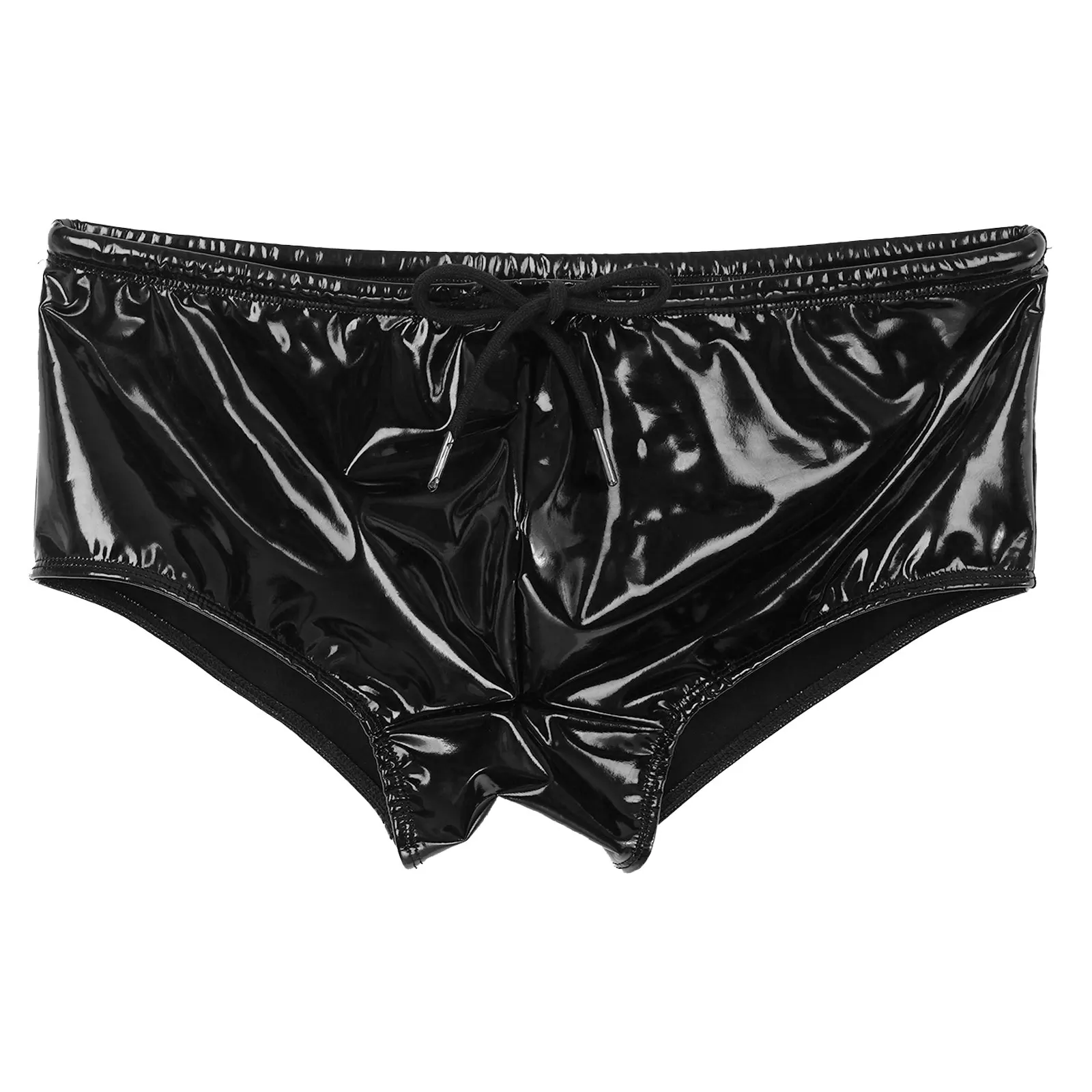 Men Wet Look Patent Leather Boxer Sexy Black Latex Swimming Trunks Drawstring Panties Underwear Clubwear