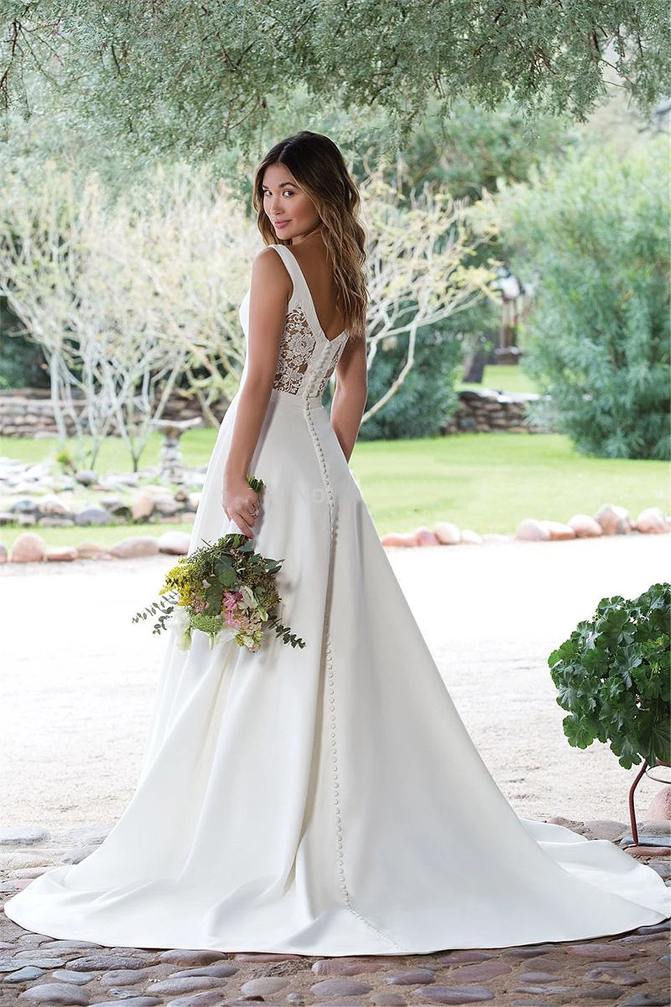 Vestidos De novia De satén, línea A, cuello en V, botón De ilusión De marfil blanco, vestidos De novia De boda, tren De corte De Noiva 2019