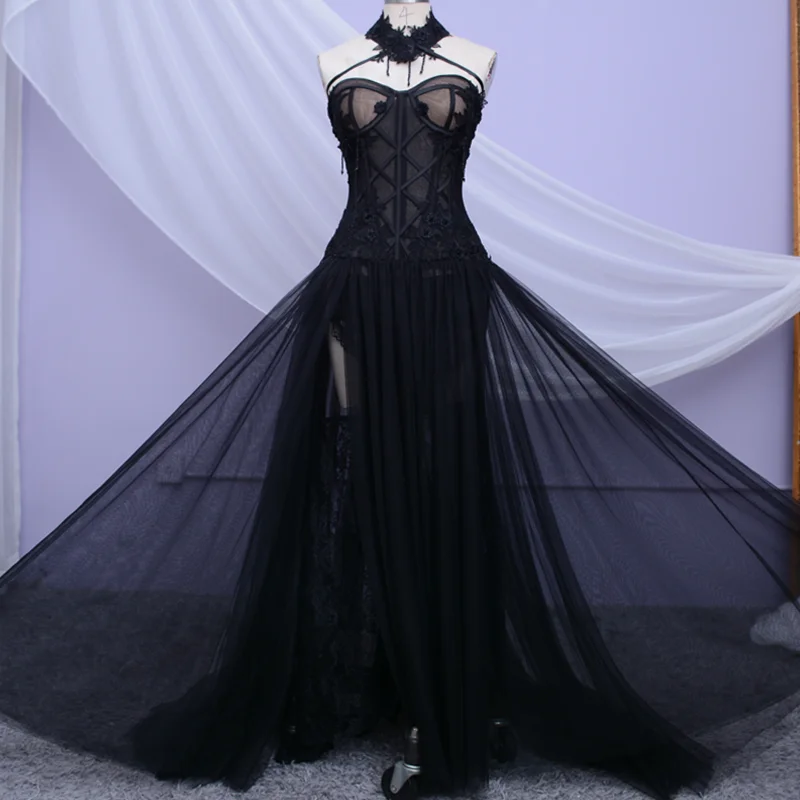 Gothic Black Long Wedding Dress Customized Sexy Bridal Gown Vestidos De Novia Sexy Tulle Wedding Gowns Trouwjurk Plus Size