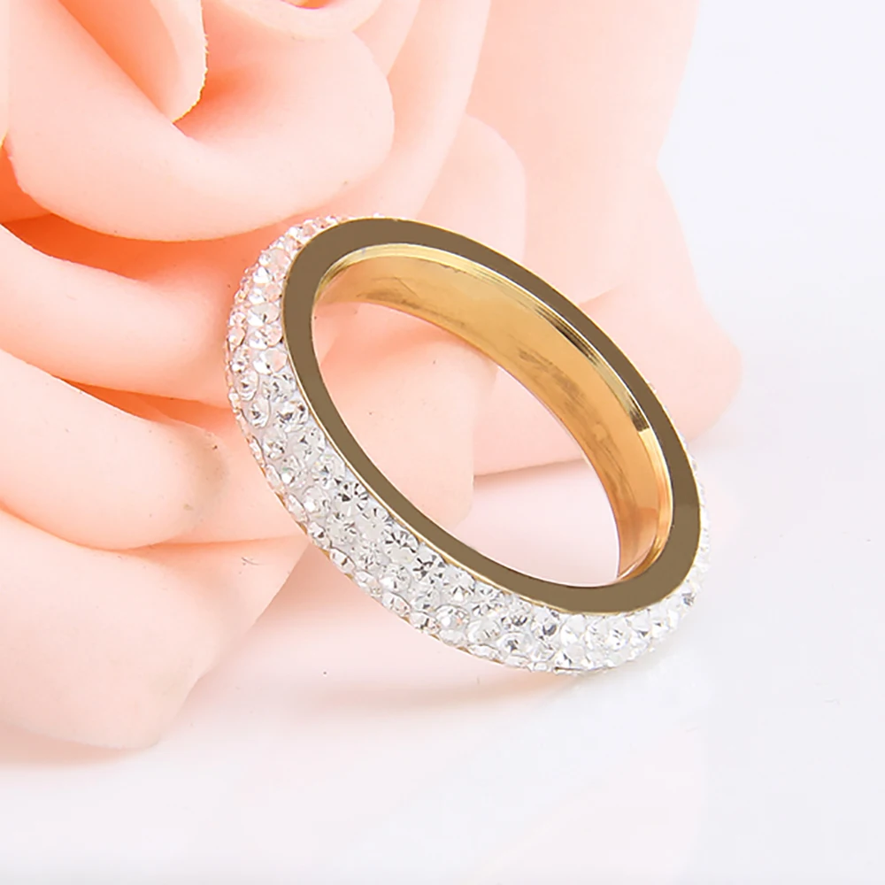 Three Row Clear Crystal Gold Color Stainless Steel Wedding Rings For Women Fashion Jewelry Accessories Ring With Full Size