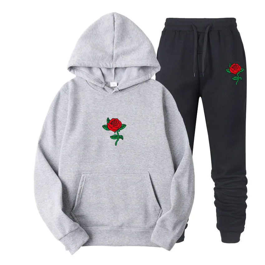 Men's Hoodie set rose print sport fleece Set + jogging pants men's Pullover 2021 autumn winter new