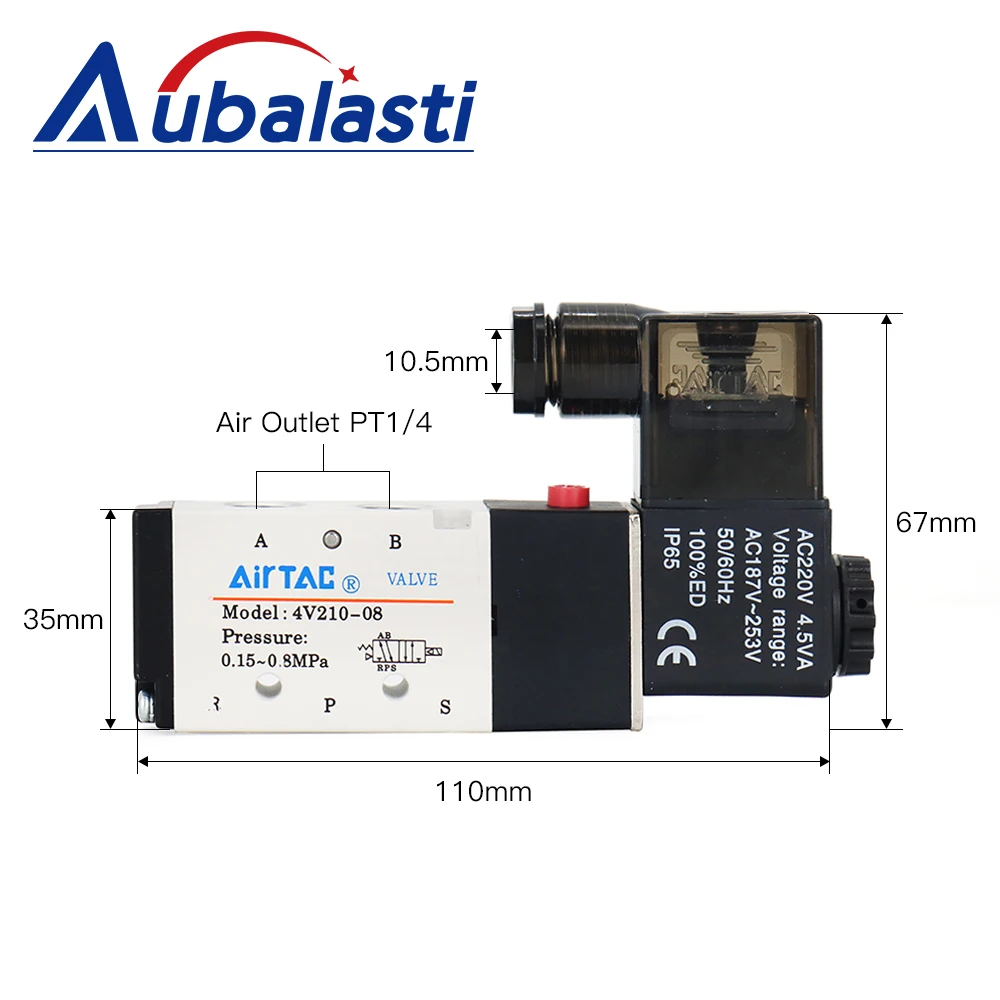 オリジナル AirTac 空気圧電気電磁弁 5Way 2 ポジション制御空気ガス磁気バルブ 4V210-08 12V-220V コイルボルト
