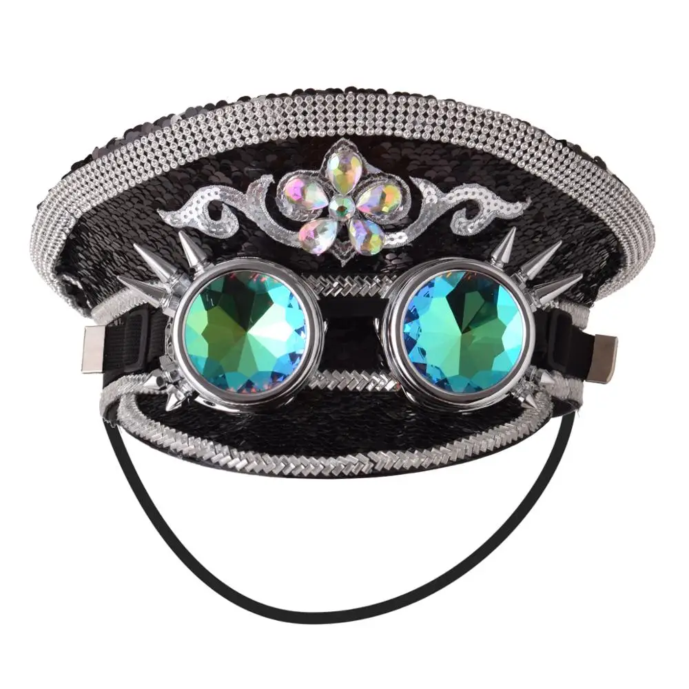 Military Cap Women Steampunk Hat with Goggles Luxury Gay Pride Rhinestone Sequin Top Hats Party Costumes Accessories