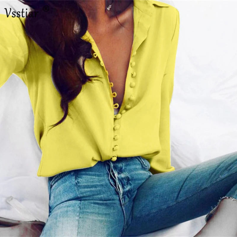 Women Long Sleeve Blouse 2022 Fashion Button Casual Oversized Loose Shirt Sexy V Neck Solid Ladies Blouses