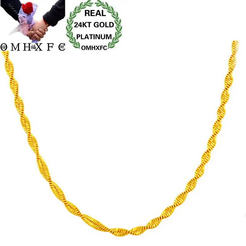 

OMHXFC Wholesale European Woman Female Party Wedding Gift Long 45cm Wide 2mm Wave Real 18KT or 24KT Gold Chain Necklace NL83