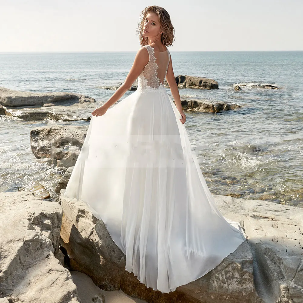 Beach Chiffon  Wedding Dress  2021  Sleeveless V-Neck Lace Appliques Sweep Train Summer Bridal Gown Vestidos De Novia Customize