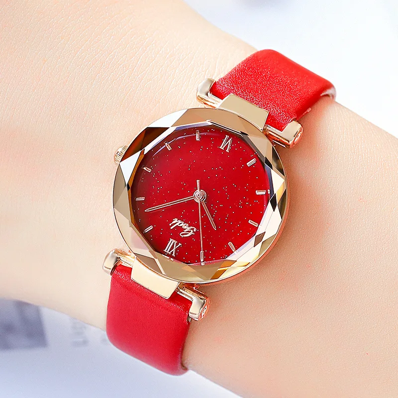 Unique Fashion Rose Gold Women Watches Starry Sky Stylish Red Color Rhombic Dial Elegant Lady Wristwatch GEDI Brand Quality Hour