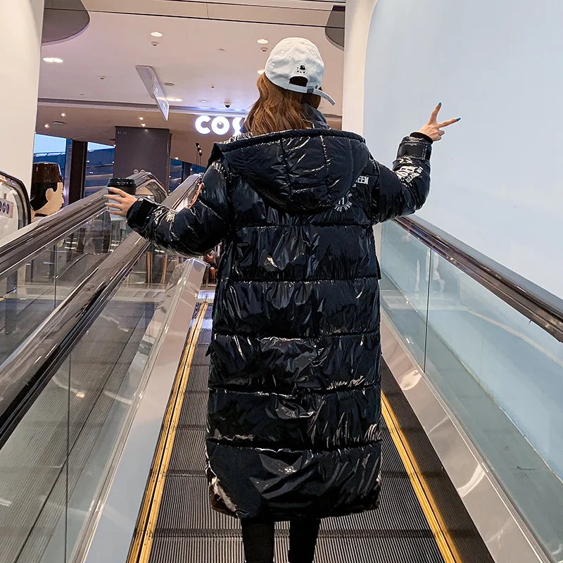 Parka de algodón con capucha para mujer, chaqueta cálida y gruesa de plumón largo, abrigo holgado de gran tamaño con bolsillo brillante, invierno,