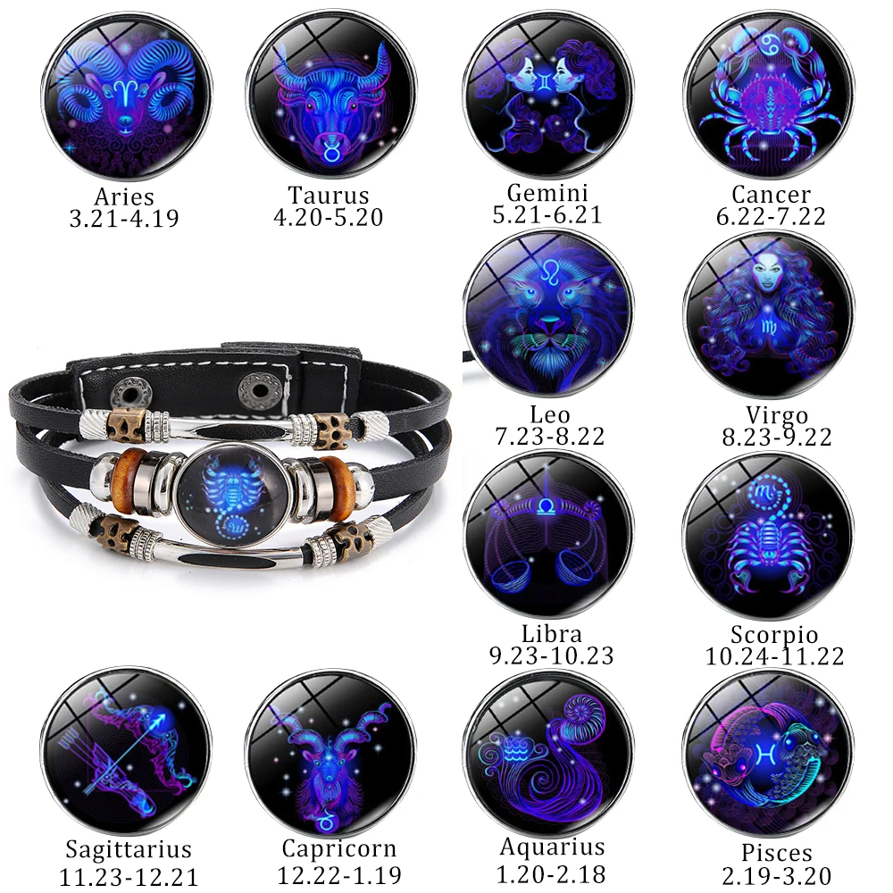 Charm Jewelry 12 Zodiac Weave Bracelets for Women Vintage Multi-layer Stainless Steel 12 Constellations Leather Bracelet