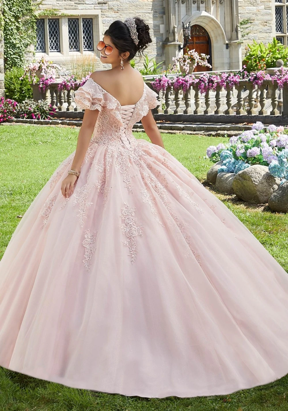 Vestido de princesa com babados e renda 2020, rosa, organza, ombro de fora, 15 vestido, vestido de baile, quinceanera, vestido formal, baile