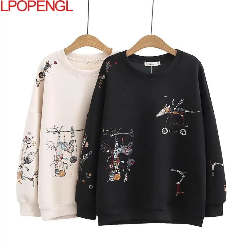 Harajuku Sweatshirt Frauen 2021 Plus Größe Herbst Neue Mode Casual Stich-bestickt Lange ärmeln O-Hals Atmungsaktiv hoodie Top