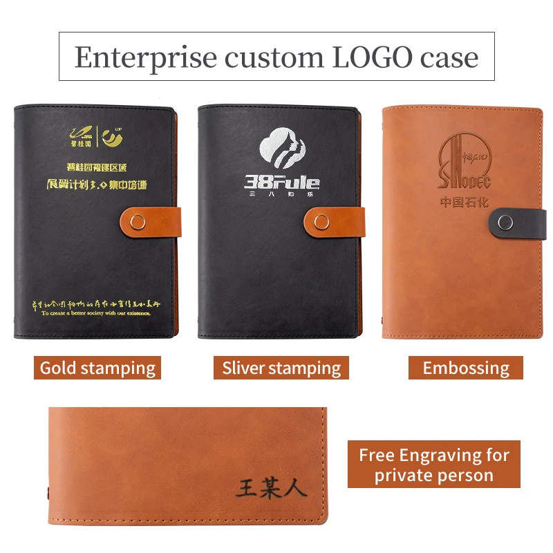 Customized Printing Logo Leather Journals Refillable Brown Business Notebook A5 Soft Cover Black Leather Binder Planner