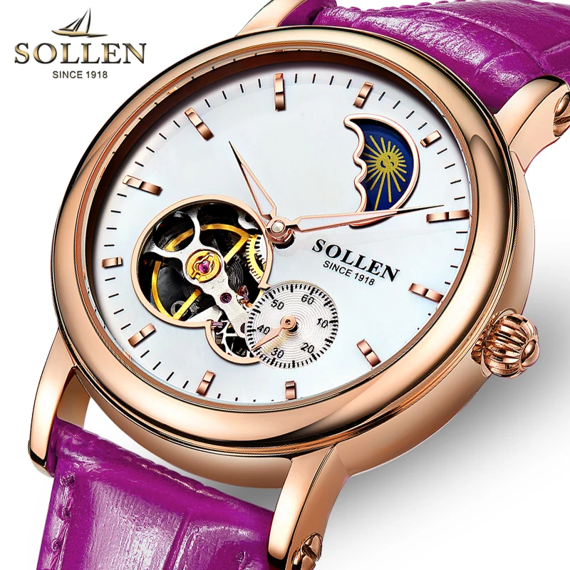 

Switzerland SOLLEN Women's Watch Luxury Brand Automatic Mechanical Sapphire Luminous Waterproof Moon Phase Skeleton Watch SL401