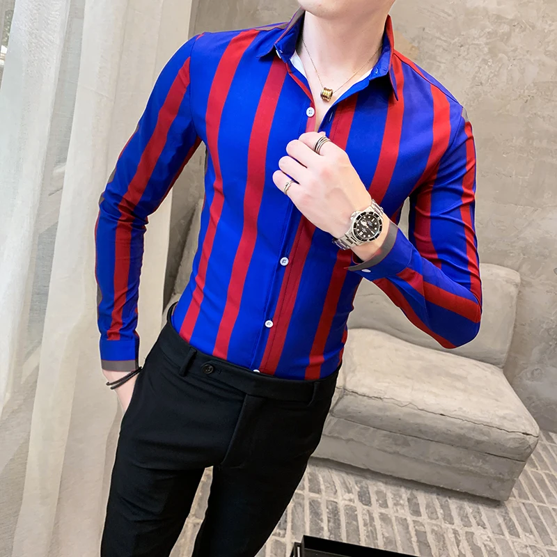 Striped Men\'s Shirt Dress Business Casual Shirts Long Sleeve Slim Fit Men Shirt 2019 Autum Tuxedo Social Shirts Male Clothing