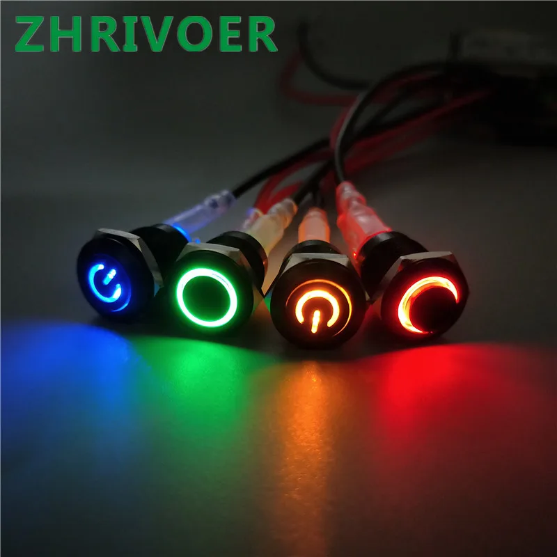 12mm 3V 6V 12V 24V 48V 110V 220V 4 Pin Button Momentary Switch Waterproof  Led Light Oxidation Black Power Symbol Metal Push