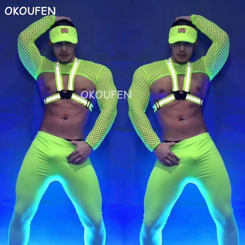 

Men's Sexy Fluorescent mesh See-through leggings nightclub ds Singer dancer stage Show costumes