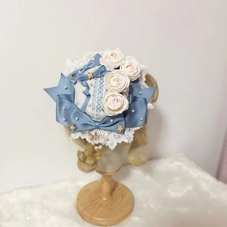 Sweet Lolita Handmade Headdress Top hat Party lace Rose Flower Bow Pendant Hair Clip Hat Elegant Flat Cap