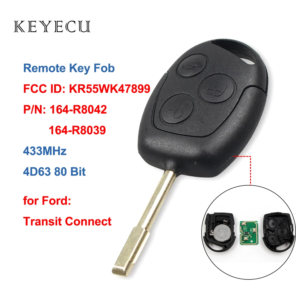 Keyecu Remote Car Key Fob 4D60 / 4D63 Chip for Ford Transit Connect 2010 2011 2012 2013 KR55WK47899, 164-R8042, 164-R8039