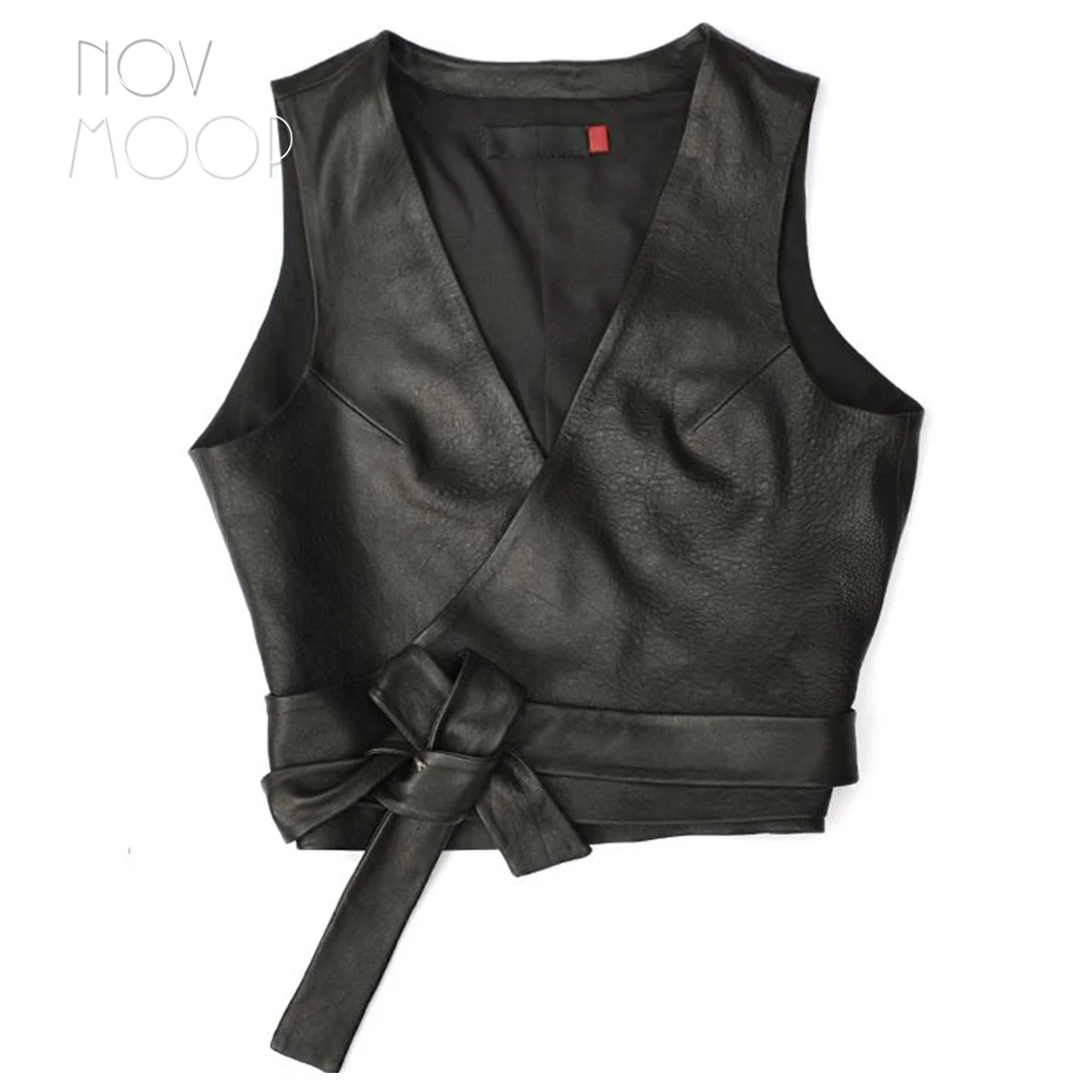 

novmoop belted genuine sheepskin leather women vest it girl style Gilet en cuir pour femme LT3204