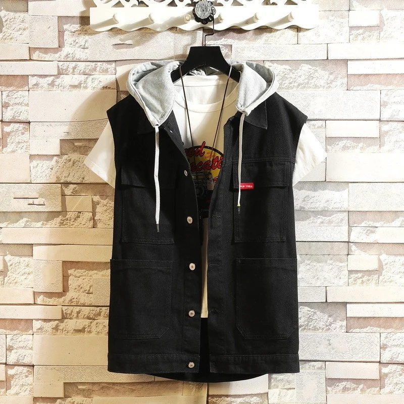 

New Summer Mens Denim Large Size Casual Vest Turn-Down Collar Single Breasted Fashion Korean Style Sleeveless Vest Jackets