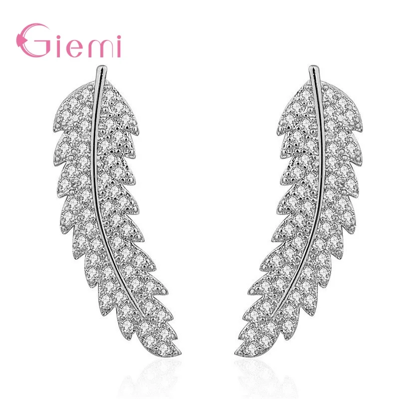 

Fashion Korean 925 Sterling Silver Feather Cubic Zircon Cuff Stud Earrings For Women Jewelry Earrings Leaf Angle Wings Brincos